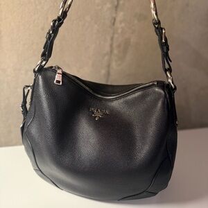 PRADA Vitello Daino Hobo in Black Leather with Silver Hardware